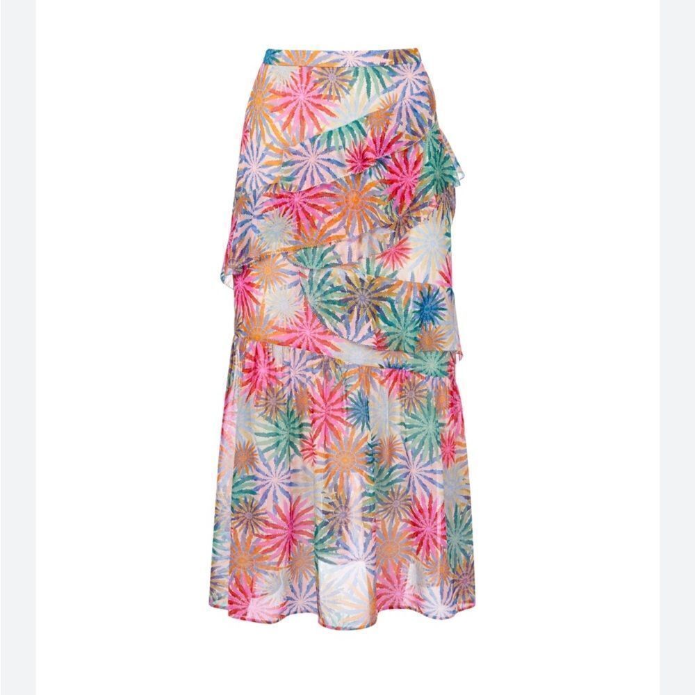 SALONI Marissa skirt whirlpool print silk tiered midi colorful $475 Sz 12
